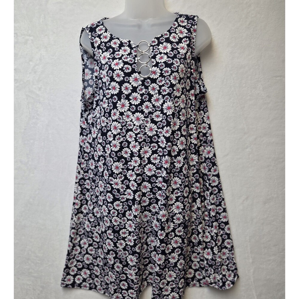 MSK Navy & White Daisy Knee Dress Sleeveless Front Silver Rings Beach Flowers